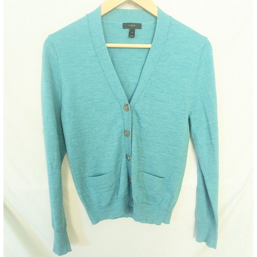 J Crew Women’s 100% Merino Wool Turquoise VNeck Cardigan Sweater Size Medium Y2K